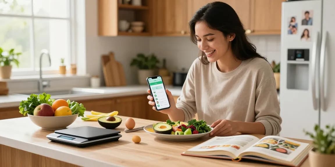 Healthy cooking with the best food tracker app in a sunny kitchen.