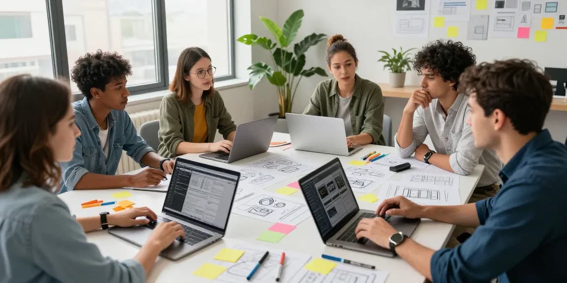Team collaboration using mixboard in a modern office setting for innovative project development.