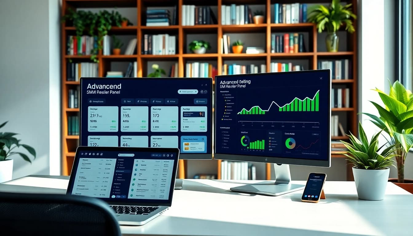 Engaging view of an office workspace with a powerful smm reseller panel interface on monitors.