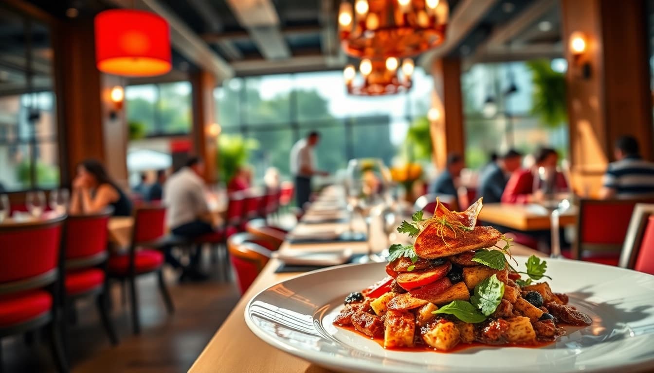 Useful food review highlighting a beautifully plated dish in an inviting restaurant setting.