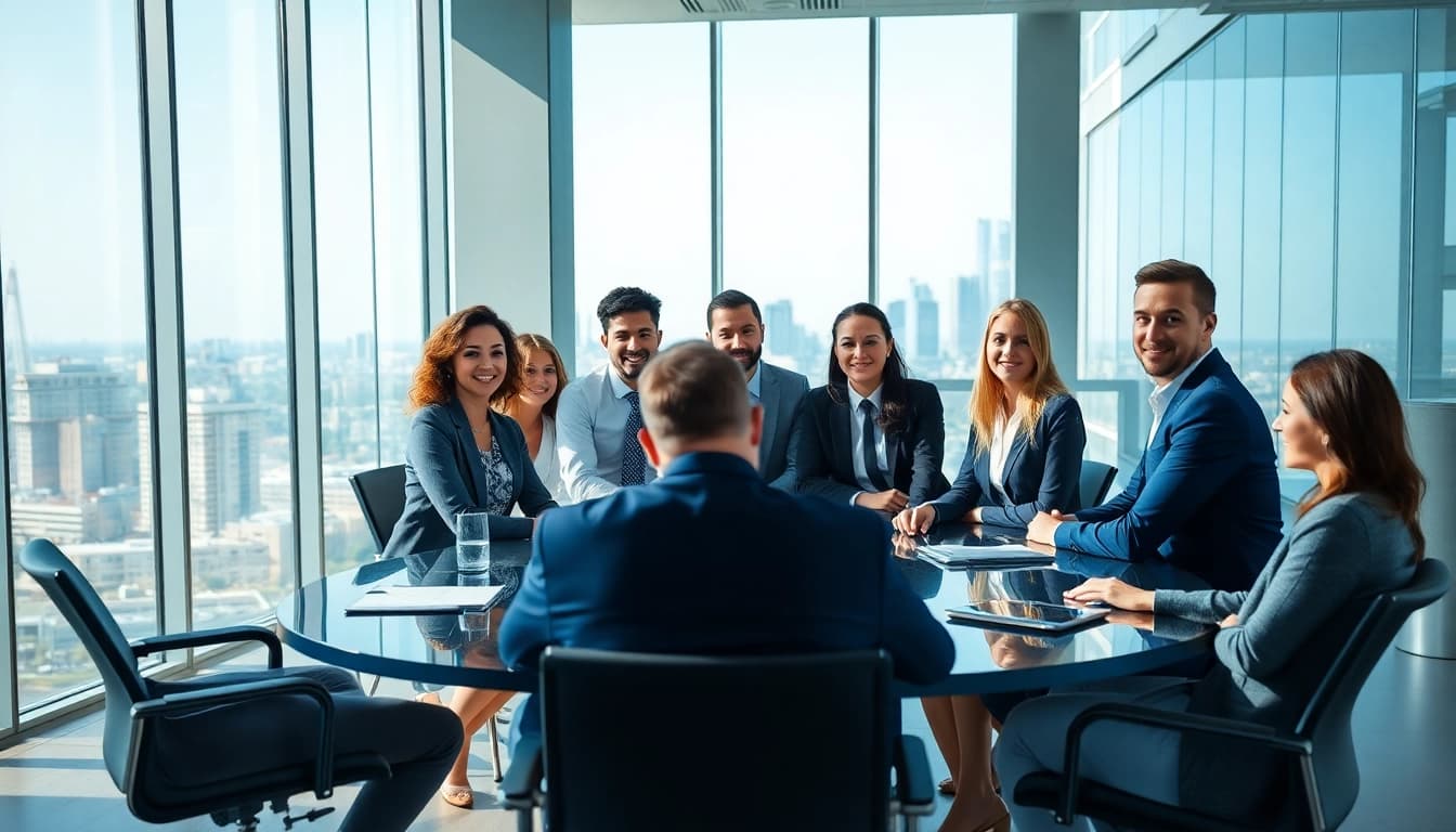 Engaging professionals analyze b2b competitive intelligence strategies in a modern office.