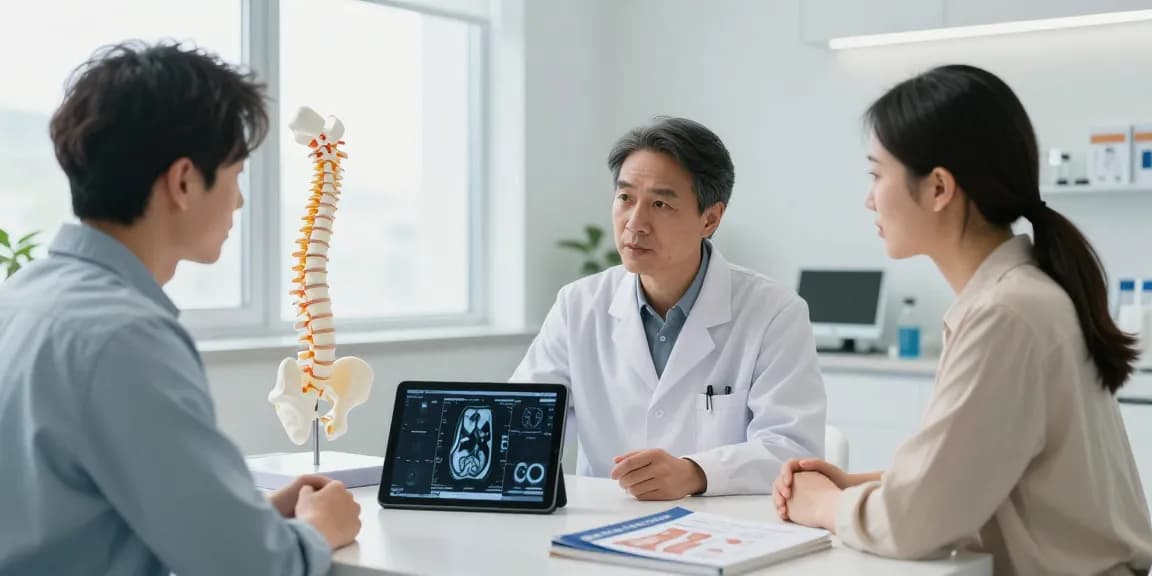Bel kayması ameliyatı consultation scene with spine model and MRI scans.