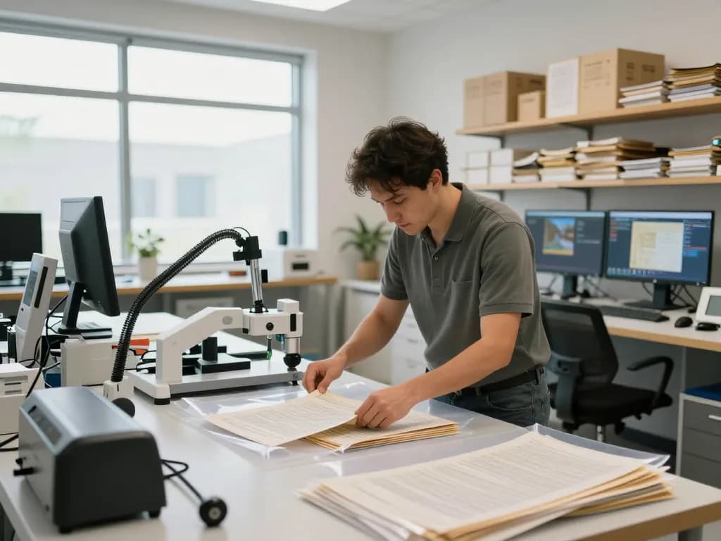 Bóc ép plastic hà nội service for document restoration, showcasing a technician using advanced technology