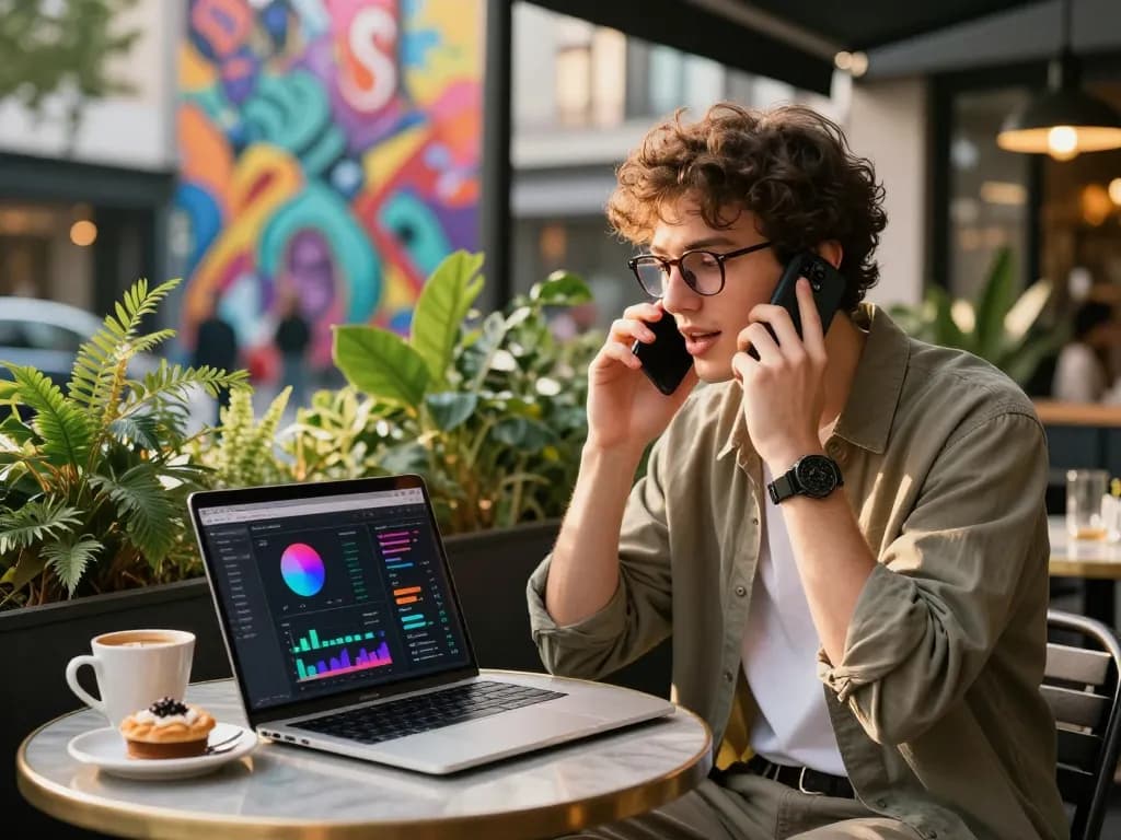 Young adult at cafe with AI tools and smartphone representing ia +18 trends