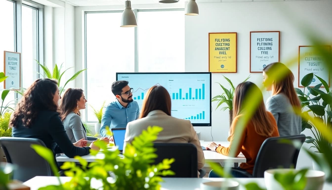 SEO Agency Clearwater team collaborating in a bright office, showcasing analytics.