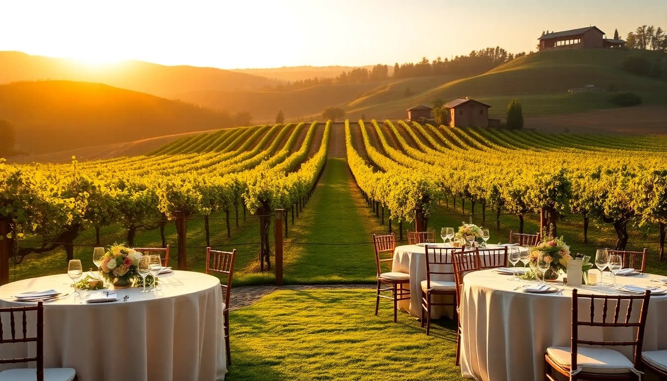 Elegant wedding setup showcasing Clarksburg Wedding Venues amid stunning vineyards.