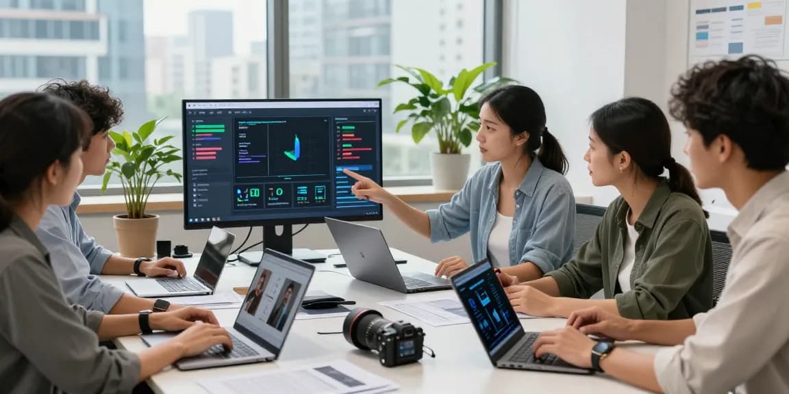 A diverse team using the AI image detector to analyze digital images in a modern office.