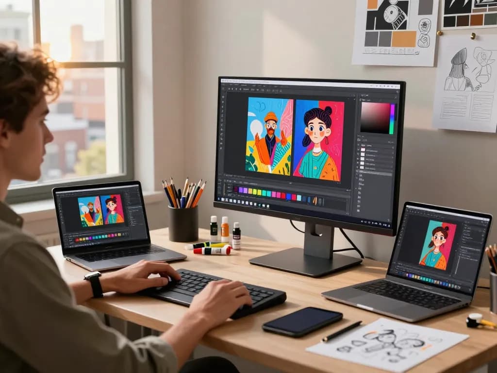 Creative workspace with a designer editing images using Nano Banana 2 AI, showcasing vibrant art on screen.