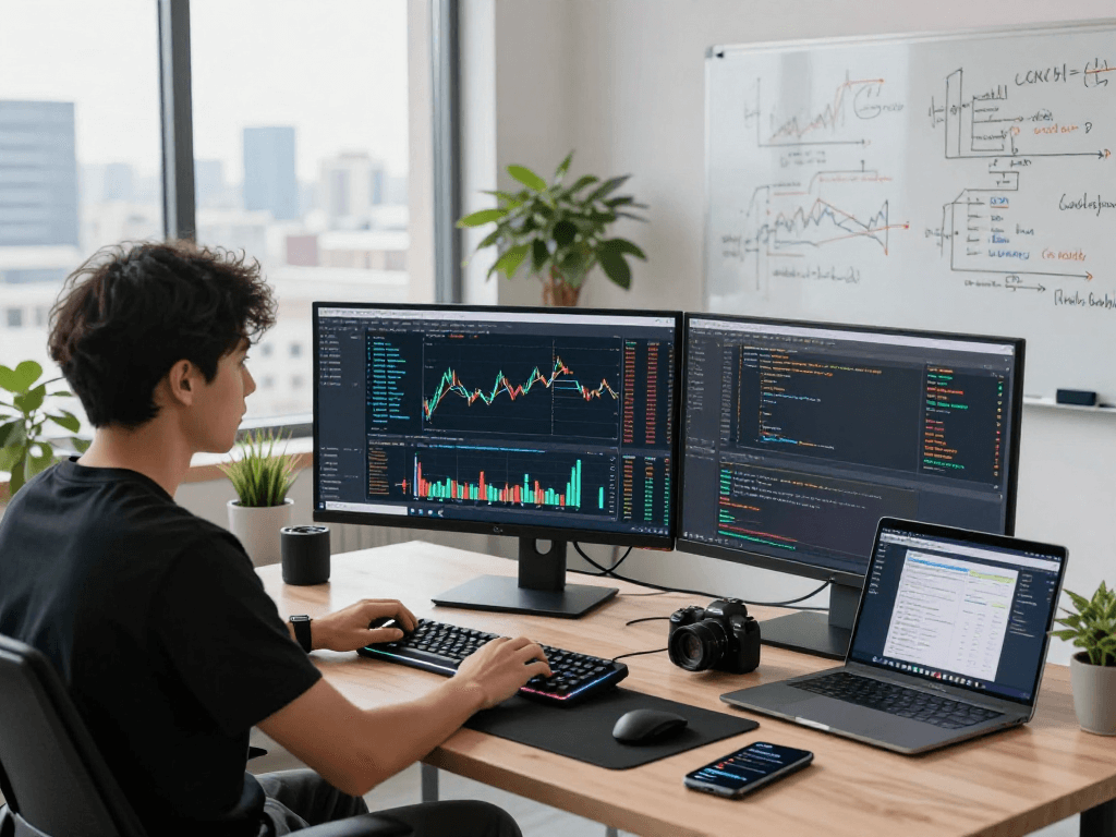 Futures high frequency tick API analysis in a modern trading workspace showcasing real-time data and software engineering.