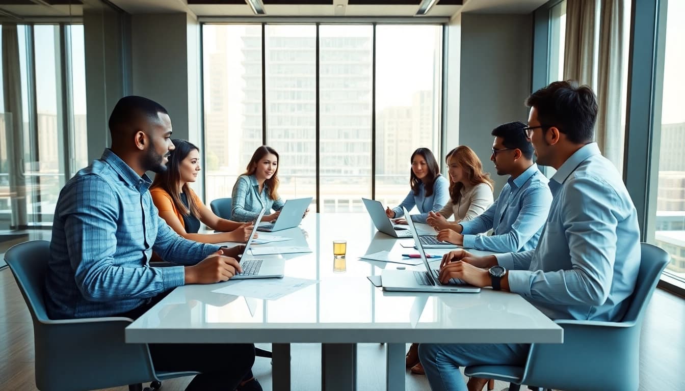 Engaged team assessing Bid-No-Bid Analysis. during a strategic meeting in a corporate environment.