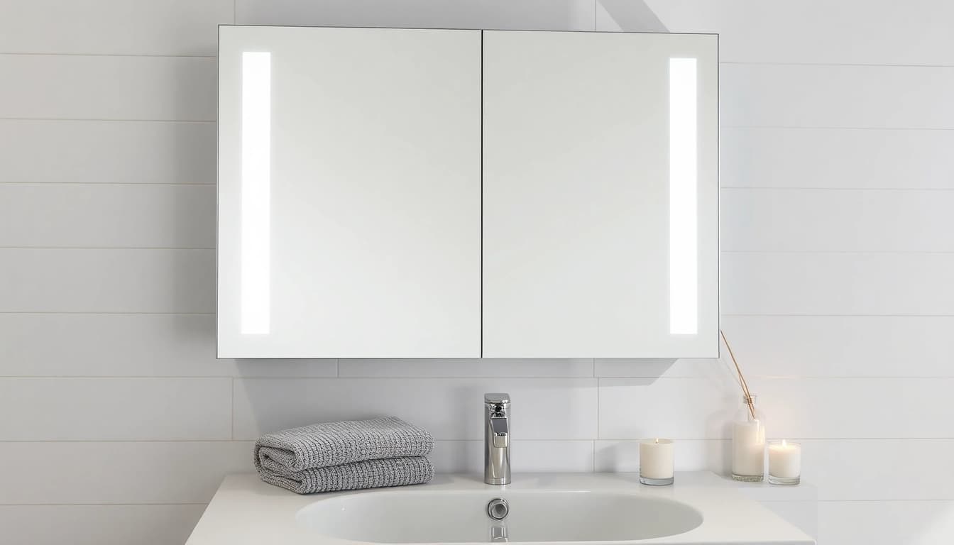 Stylish mirrored bathroom cabinet with light illuminating a chic modern bathroom setting.