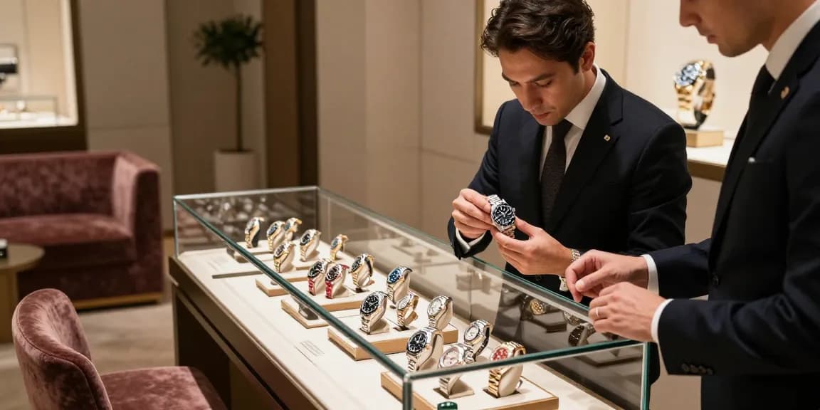 Detailed Rolex replica display in a luxury watch boutique, showcasing elegant designs and attentive service.