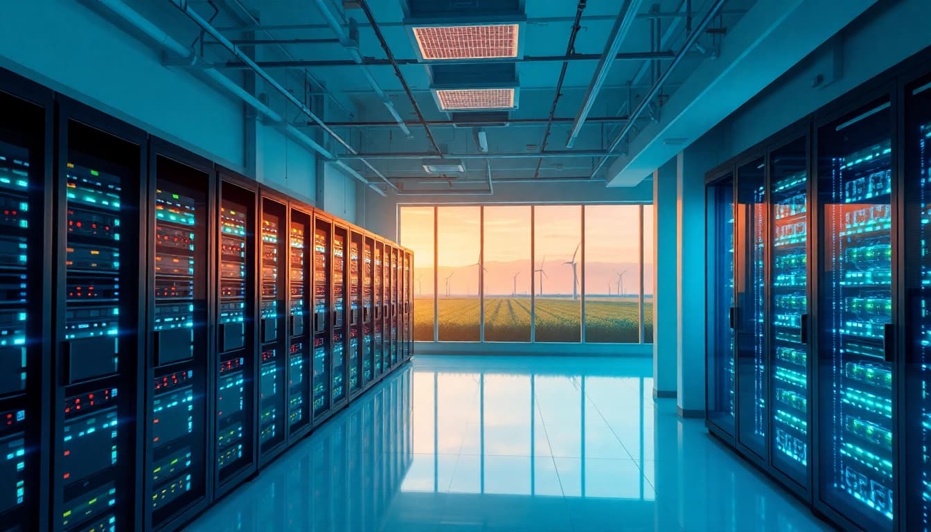 Bitcoin cloud mining facility featuring advanced AI technology and renewable energy.