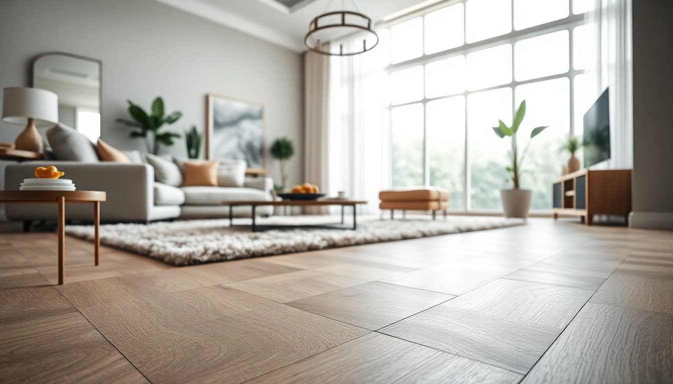 LVP flooring in a modern living room, showcasing elegance and durability with natural lighting.