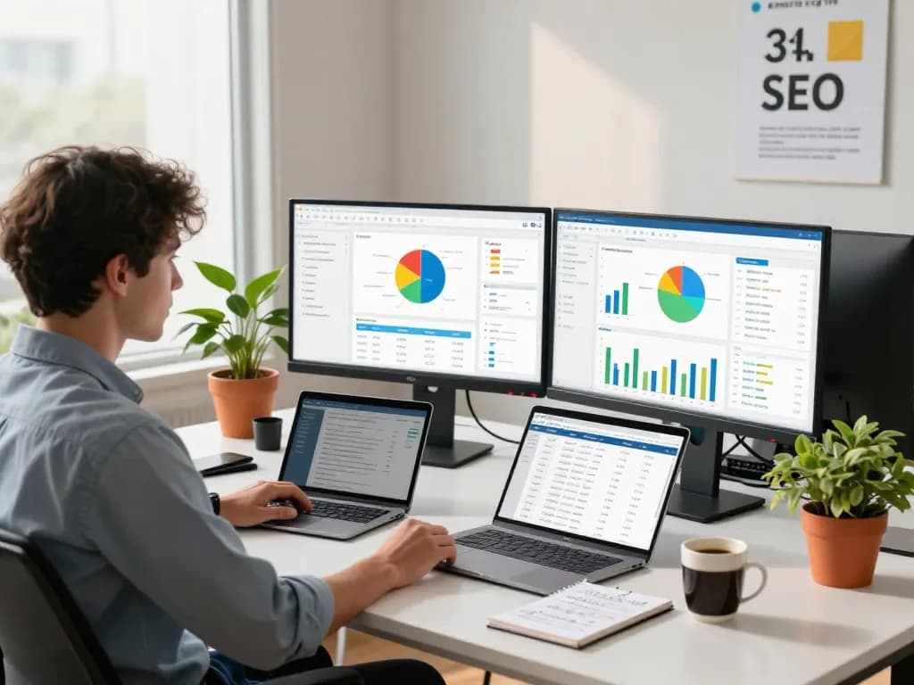 Analyzing SEO Reports in a modern digital marketing office, showcasing data and analytics.