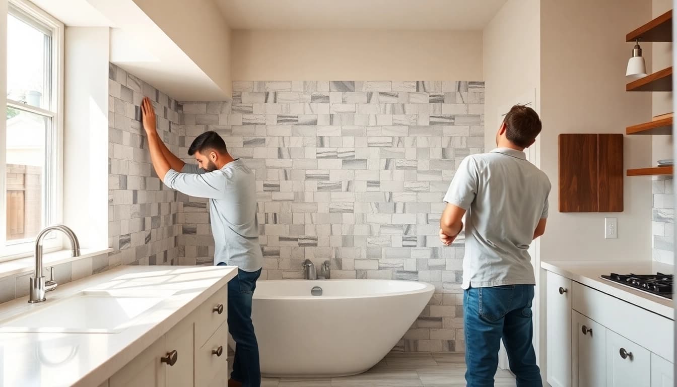 Skilled bathroom remodelers installing tiles and measuring in a renovated bathroom space.