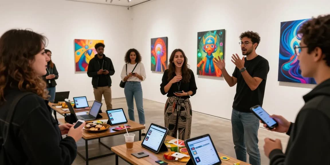 Participants enjoying a smash or pass game with AI-generated art in a lively gallery setting.