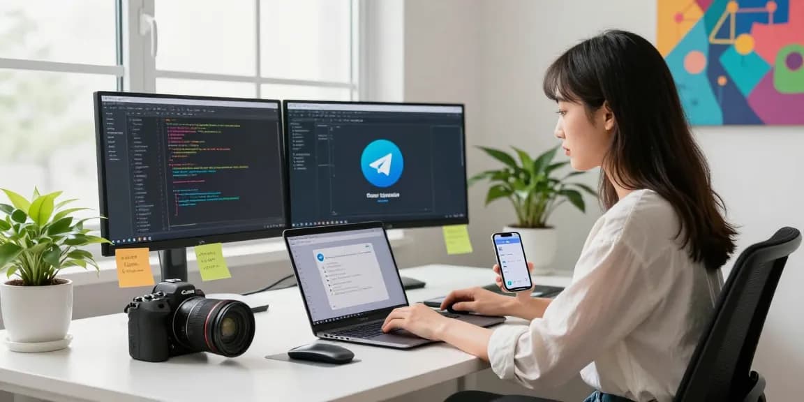 Workspace featuring a woman using a laptop showcasing 纸飞机中文版, surrounded by tech gadgets and bright natural light.