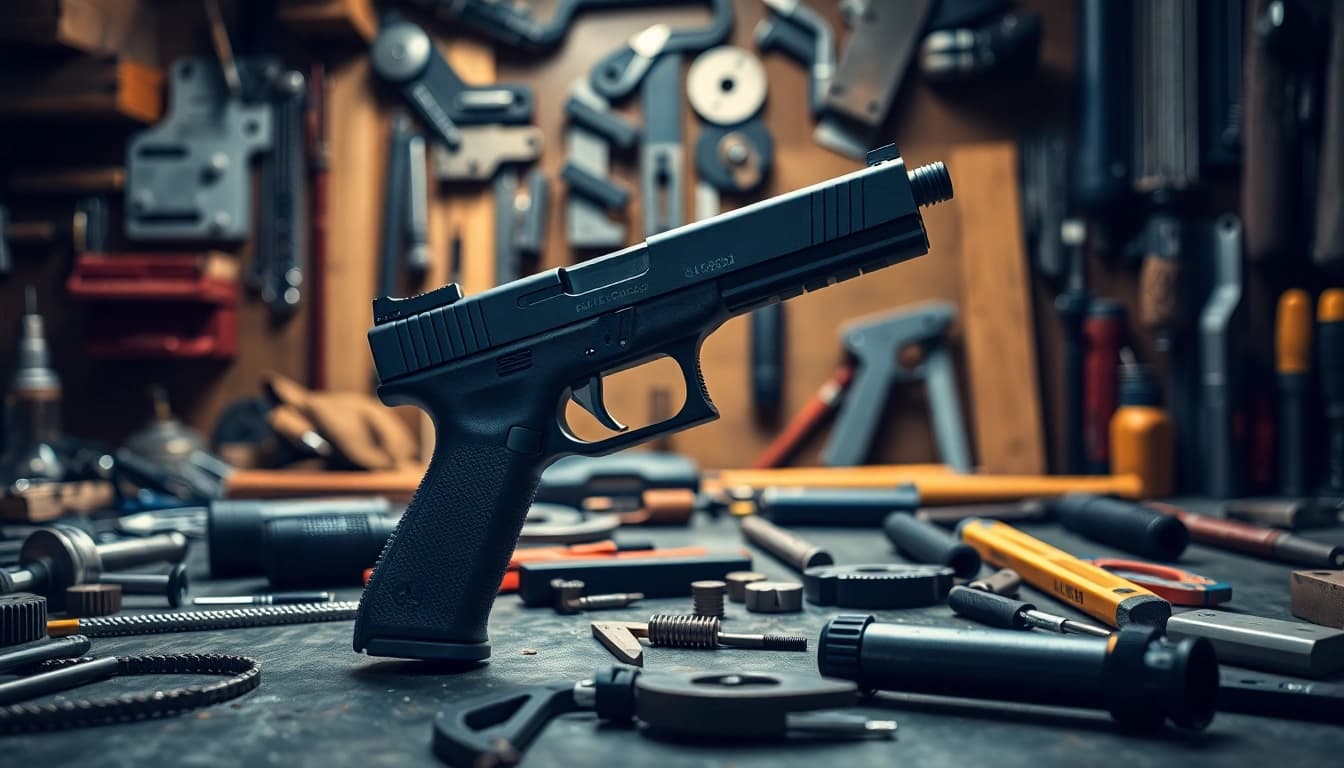 Inspecting the polymer80 glock 19 pf940c complete kit parts in a detailed workshop.