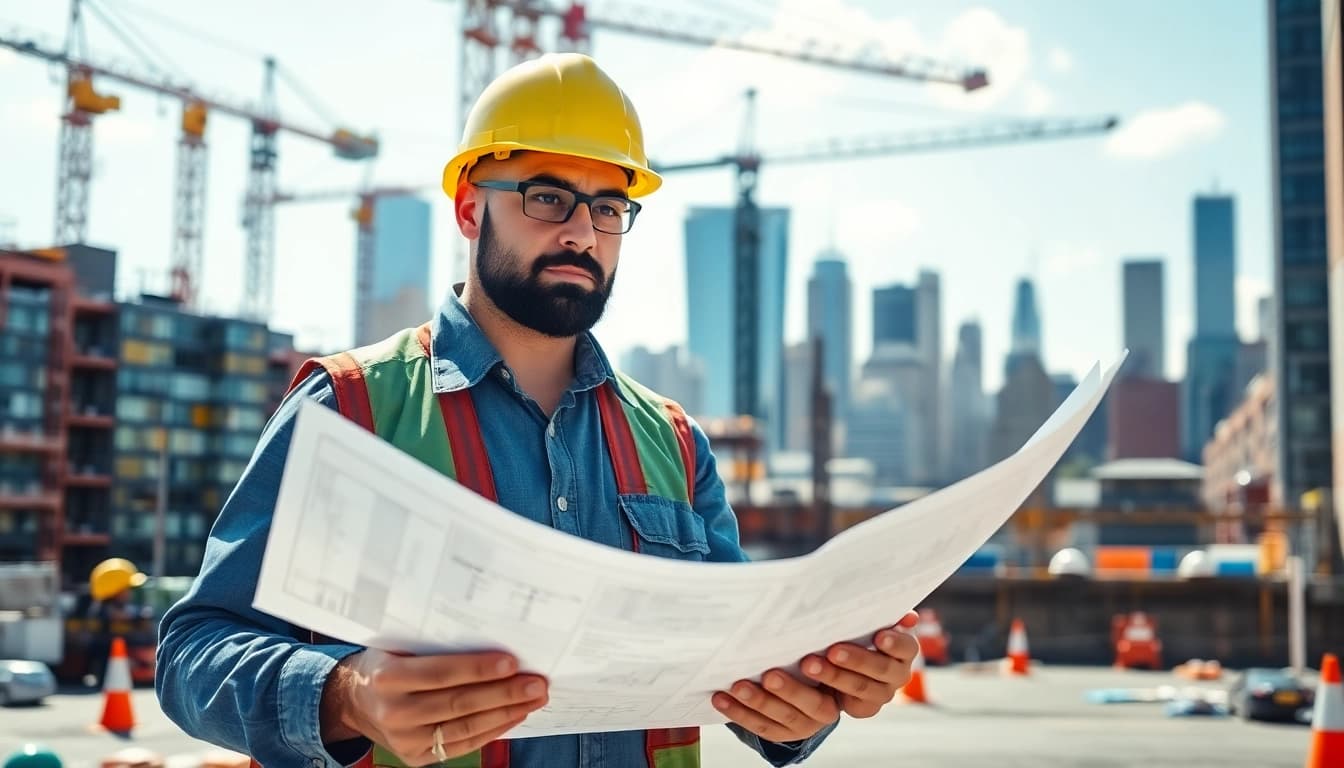 Manhattan Construction Manager supervising a project site with blueprints in hand and cranes in the background.