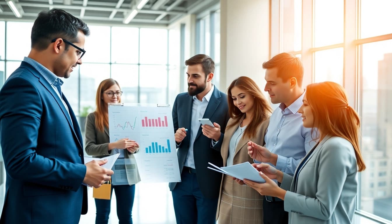 Analyzing competitor pricing data with a professional team in a modern office setting.