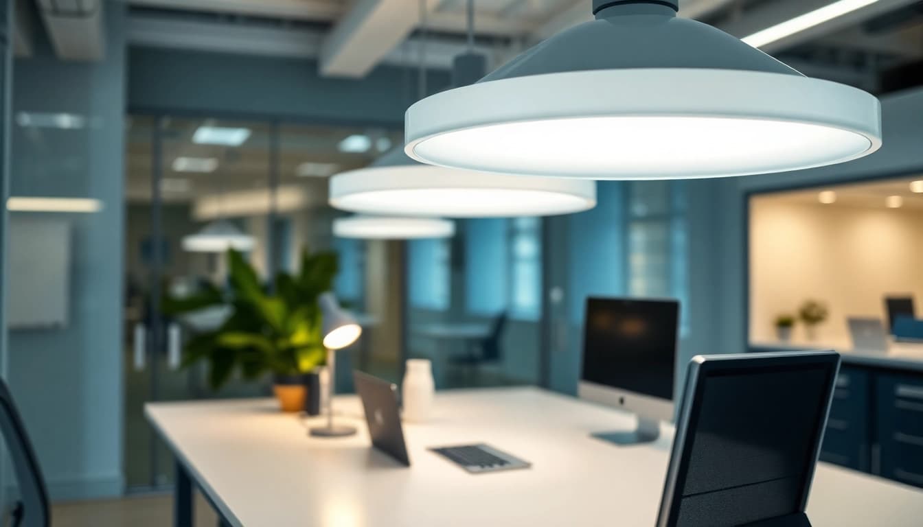 Sleek Illumination enhancing a modern workspace with minimalist design and ambient lighting.