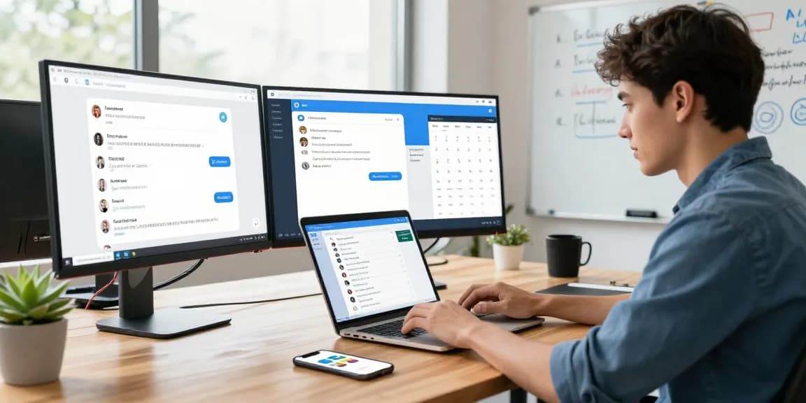 Utilizing Telegram中文版 on multiple devices in a modern workspace for effective communication.
