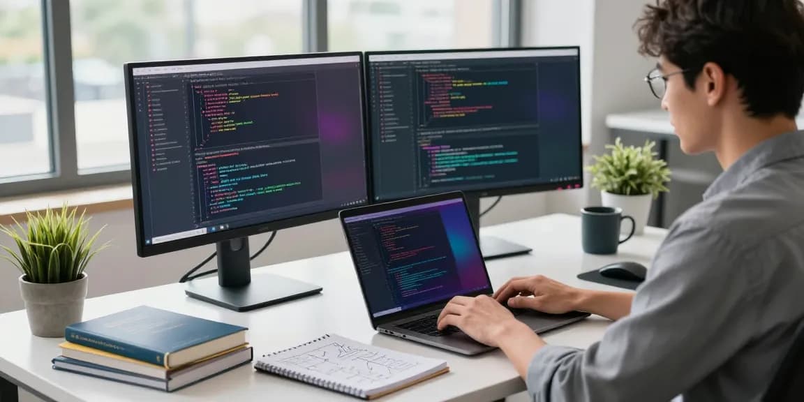 Professional workspace highlighting 纸飞机中文版 software development with coding monitors and creative elements