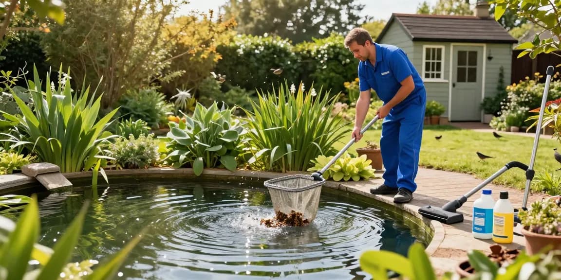 Pond Clean Essex service: professional cleaner removing debris from a serene garden pond surrounded by lush greenery.