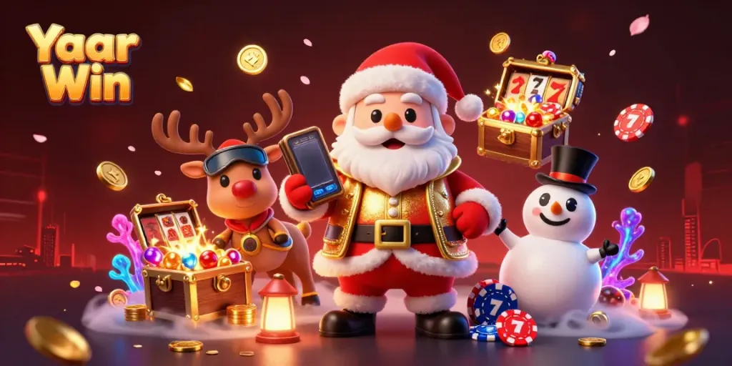 Join Yaar Win in an exciting gaming scene featuring Santa, reindeer, and a snowman amidst jackpot slots.