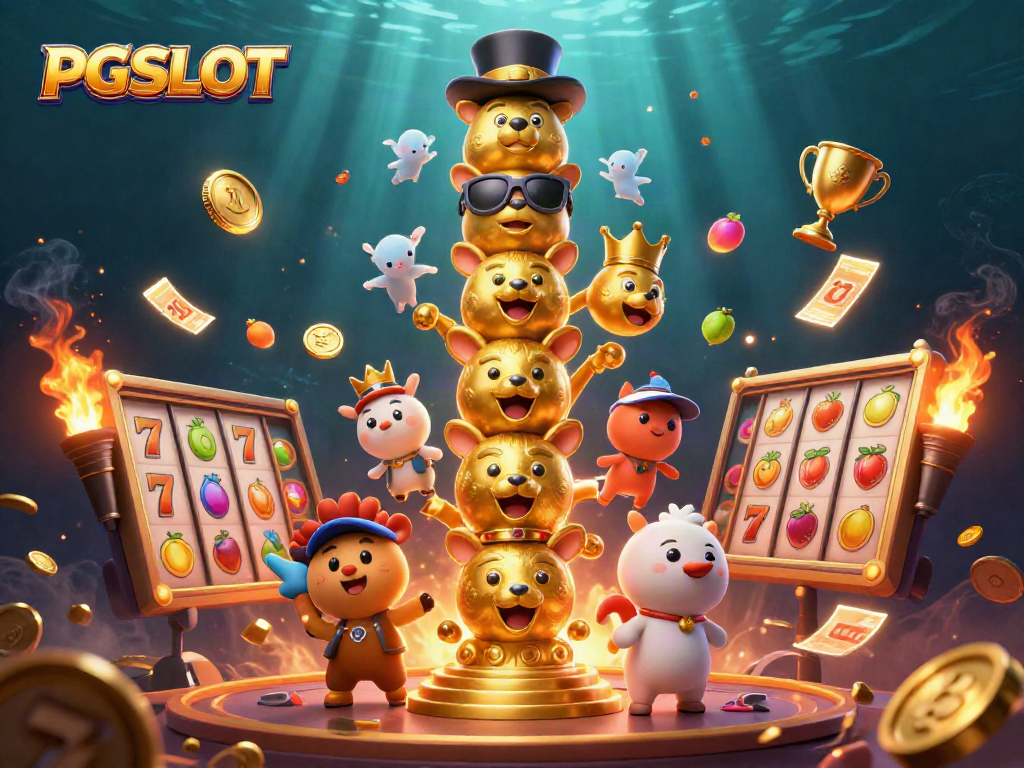 Join the excitement with PG SLOT as animated totems showcase vibrant slot symbols and golden rewards.