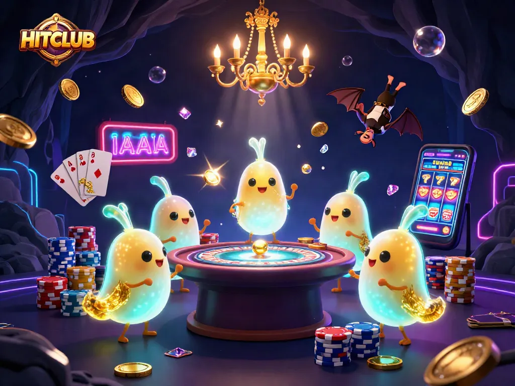 Experience HITCLUB's thrilling casino atmosphere with captivating bioluminescent creatures amidst sparkling gems.