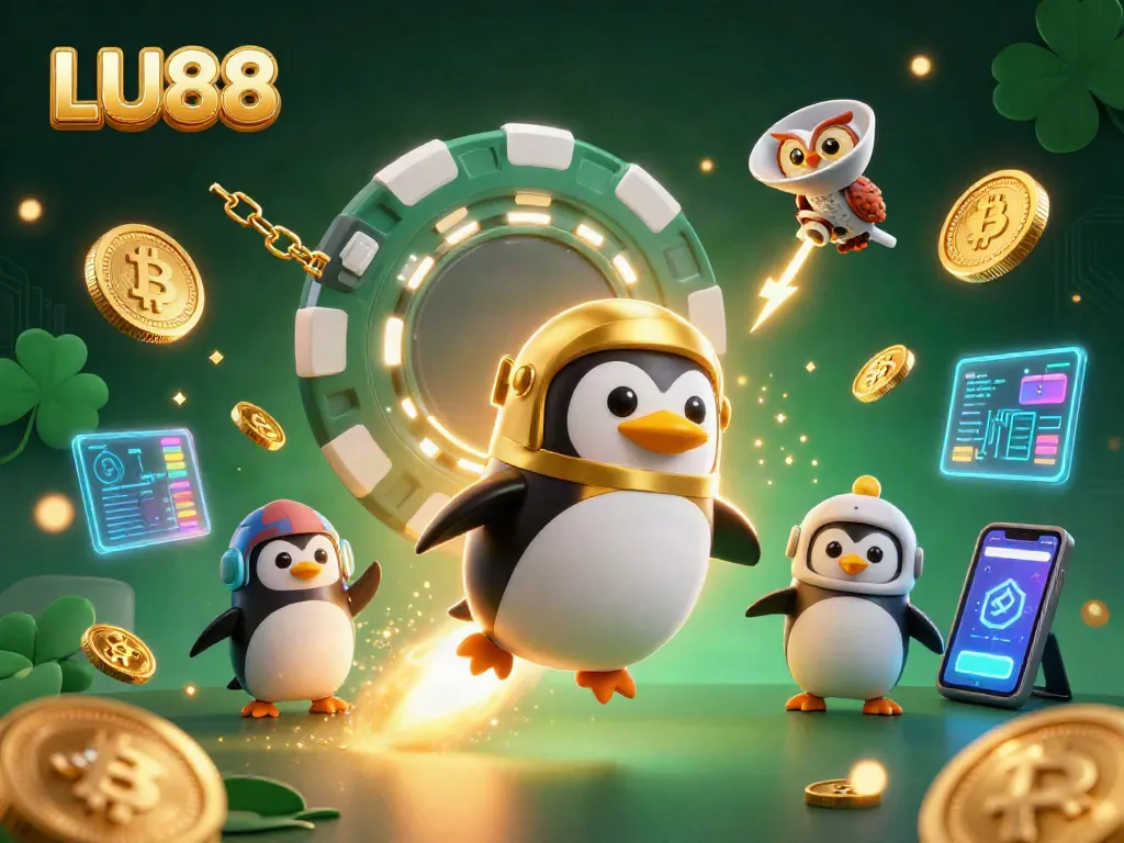 LU88 showcases a golden penguin adventuring through a cosmic casino with crypto coins and neon lights