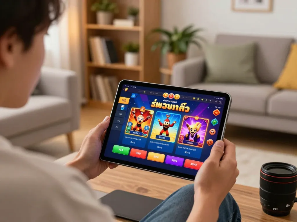 Engaging scene of a player using สล็อตวอเลท app on a tablet, showcasing a cozy gaming environment.