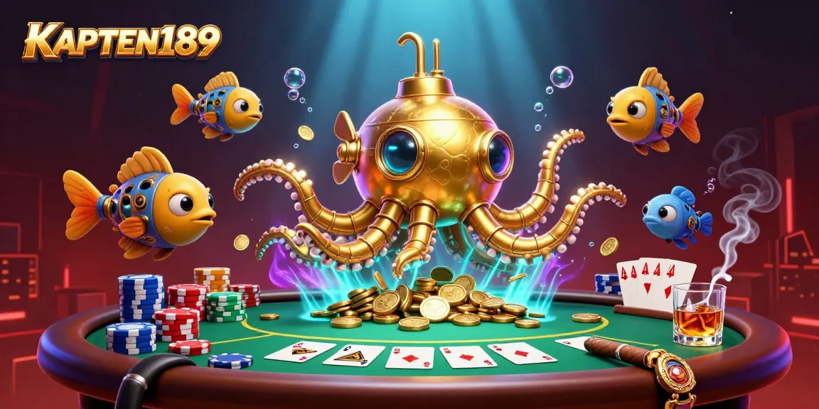 KAPTEN189 menampilkan ilustrasi kasino online dengan karakter kraken dan simbol kartu poker yang menarik.