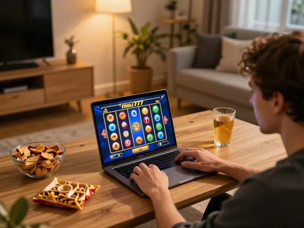 Engaging player enjoying the mau777 slot game at home with excitement and colorful visuals on laptop.