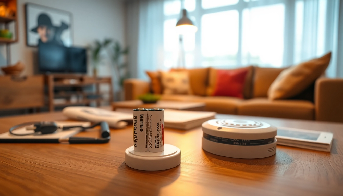 Test the smoke detector battery alongside safety tools in a warm, inviting home.