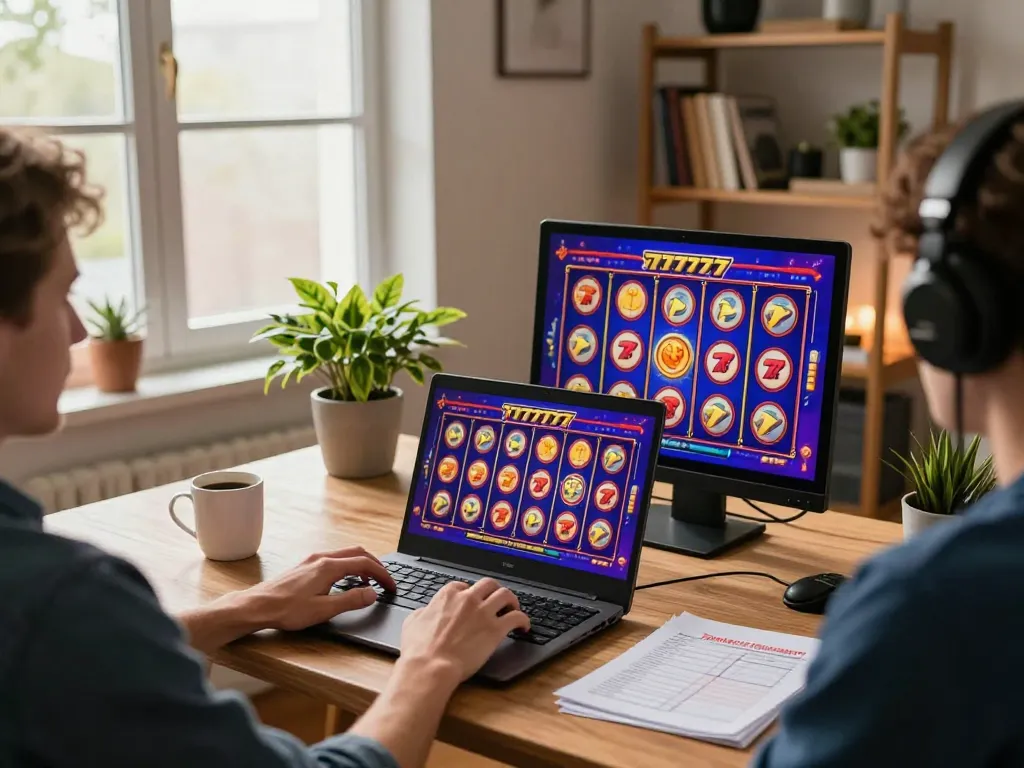 Engaging gameplay on slot777 displayed on a laptop, showcasing online casino excitement in a cozy home office