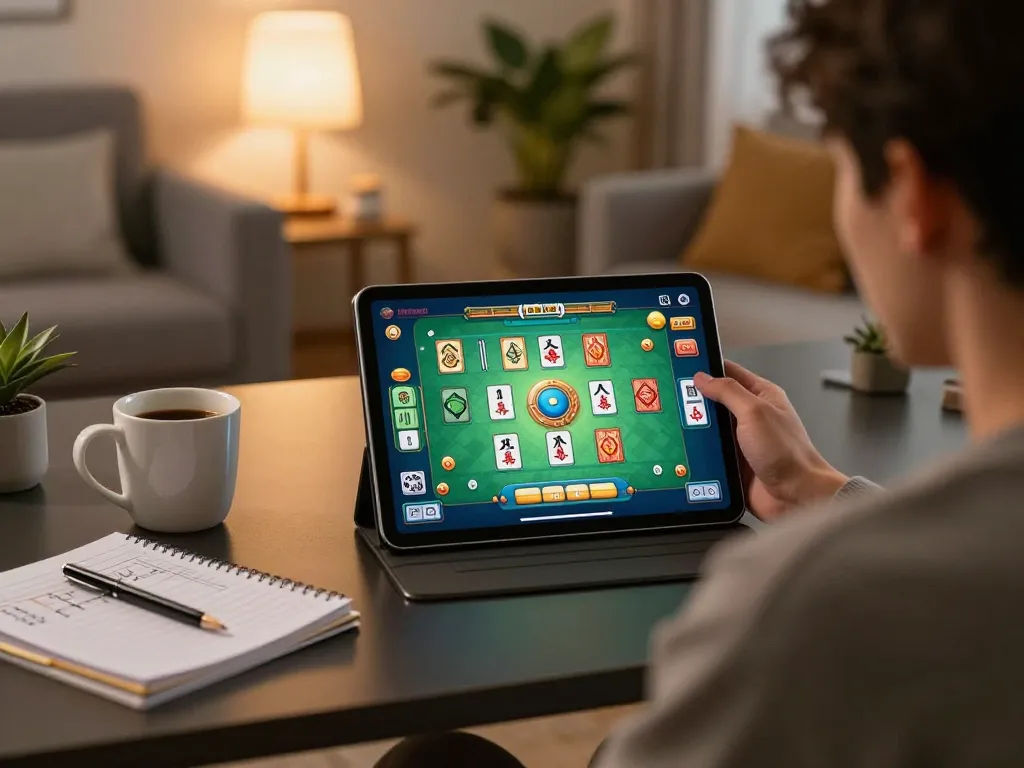 Engaging gameplay of a mahjong slot on a tablet with warm home decor surrounding.
