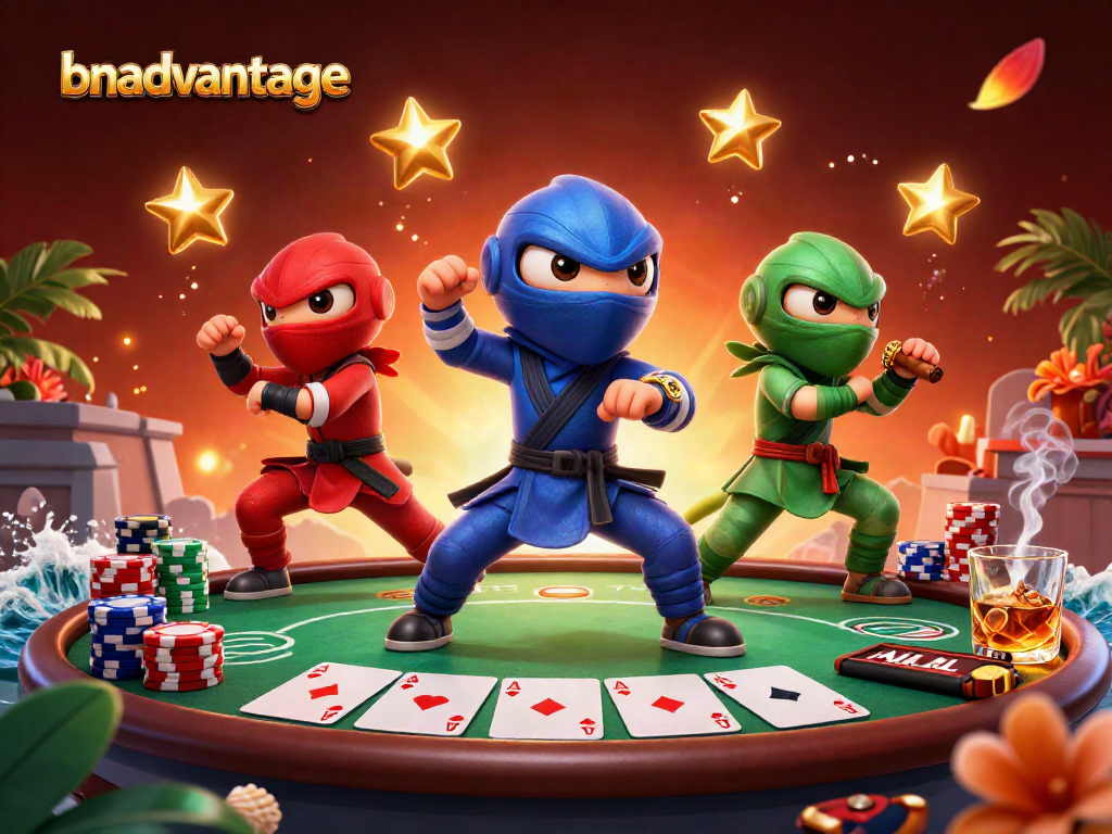 Engage in thrilling gameplay with the bnadvantage ninja chameleon team at a vibrant poker table.