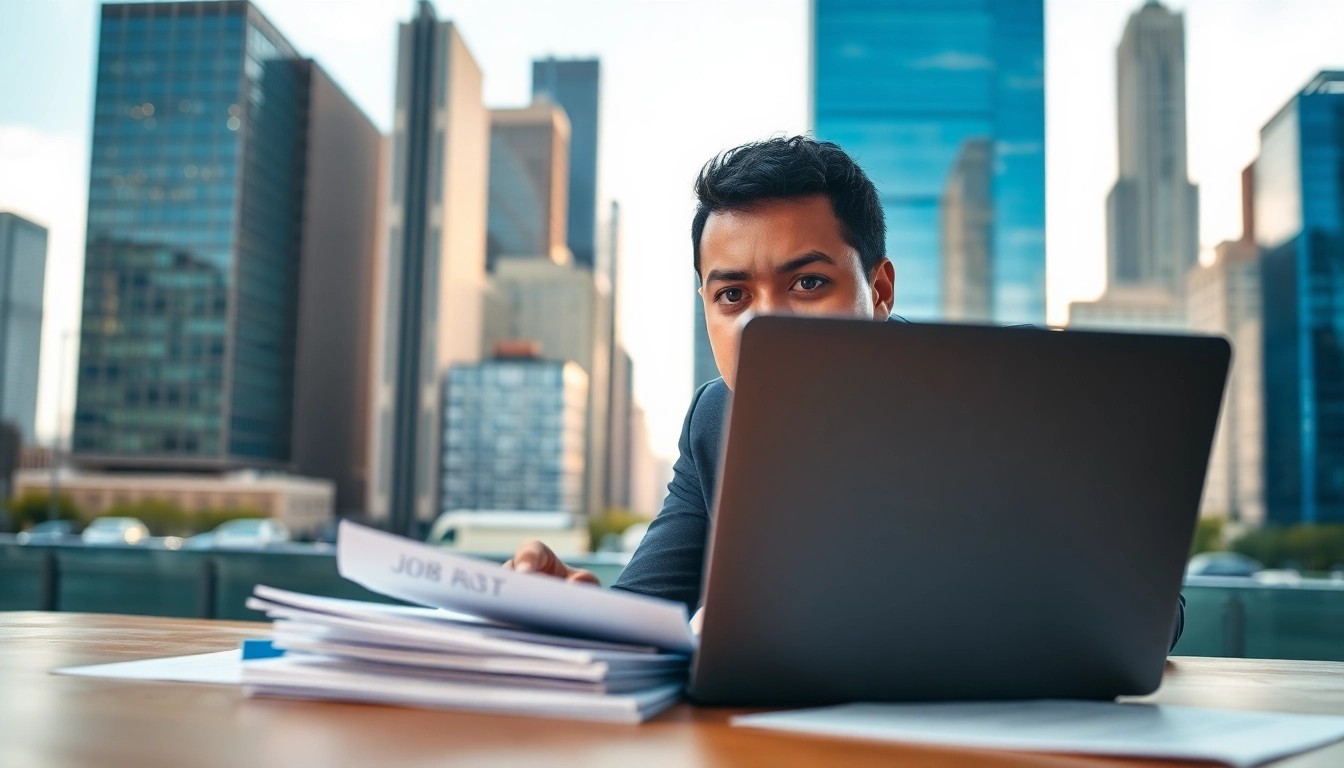 Searching for a job in chicago with determination amid a vibrant urban office setting.