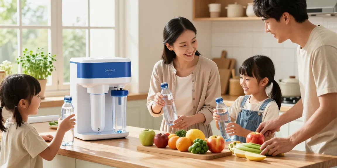 Waterdrop AP117 Whole House Water Filter in a modern kitchen, family enjoying clean filtered water.