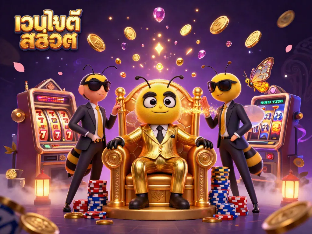 ภาพการ์ตูน 3D สไตล์คาสิโนที่แสดงเว็บไซต์สล็อต พร้อมตัวละครอันน่าตื่นเต้น