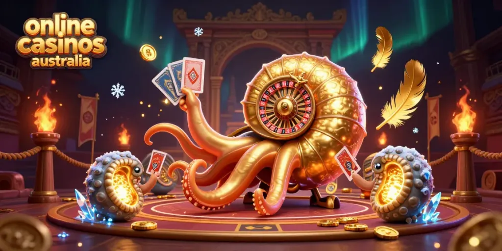 Experience the thrills of online casinos Australia with a vibrant 3D illustration of a giant nautilus roulette wheel.