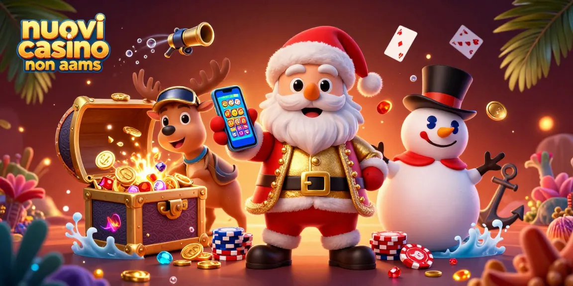 Vivi l'emozione dei nuovi casinò non AAMS con Babbo Natale e amici che mostrano elementi da casinò e tesori vibranti.