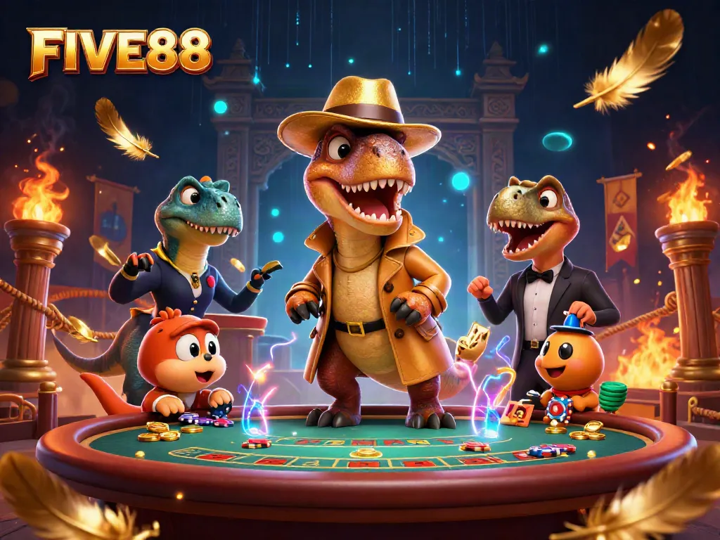 FIVE88 showcases a cartoon velociraptor finessing a blackjack table while being observed by a pit boss amid swirling golden sparks.