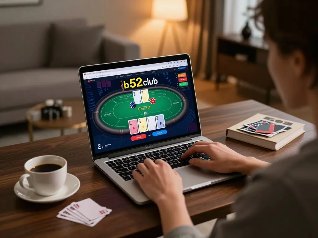 Engaging in an exciting online poker game at b52club with a modern setup and cozy ambiance.