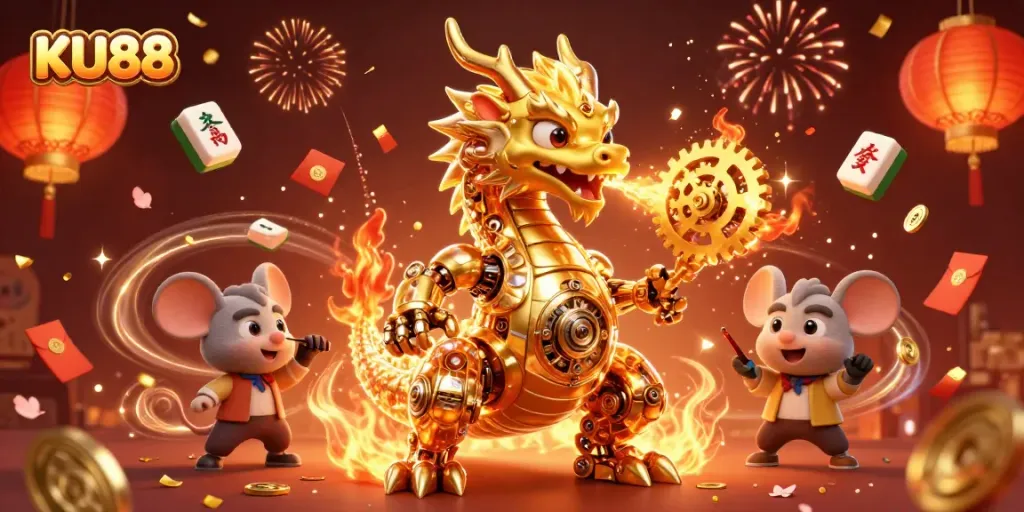 Experience the vibrant world of KU88 with a golden dragon and festive casino elements in a dynamic illustration.