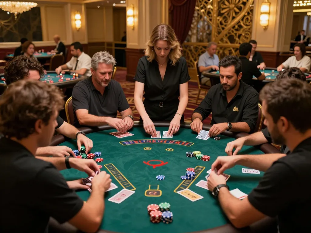 Engaging scene showcasing players at a blackjack table during an intense game, featuring visible nano banana flash technology integration.