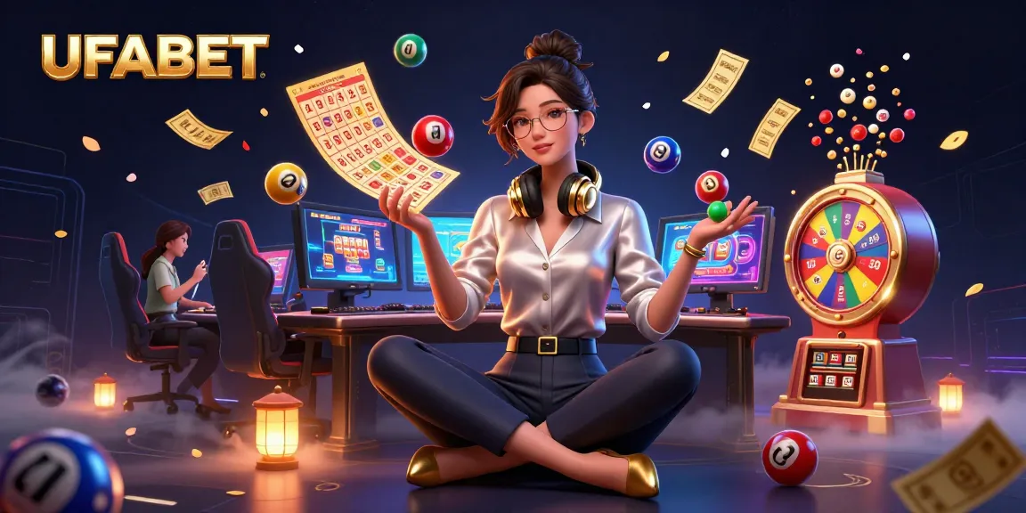 Experience the thrill of UFABET online gambling with an elegant Asian woman at a high-tech gaming setup surrounded by fun casino elements.